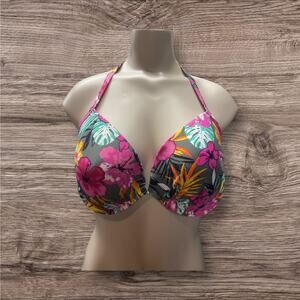 New Lascana Women's US 38D Padded Push Up Underwire Bikini Top Gray Pink Floral